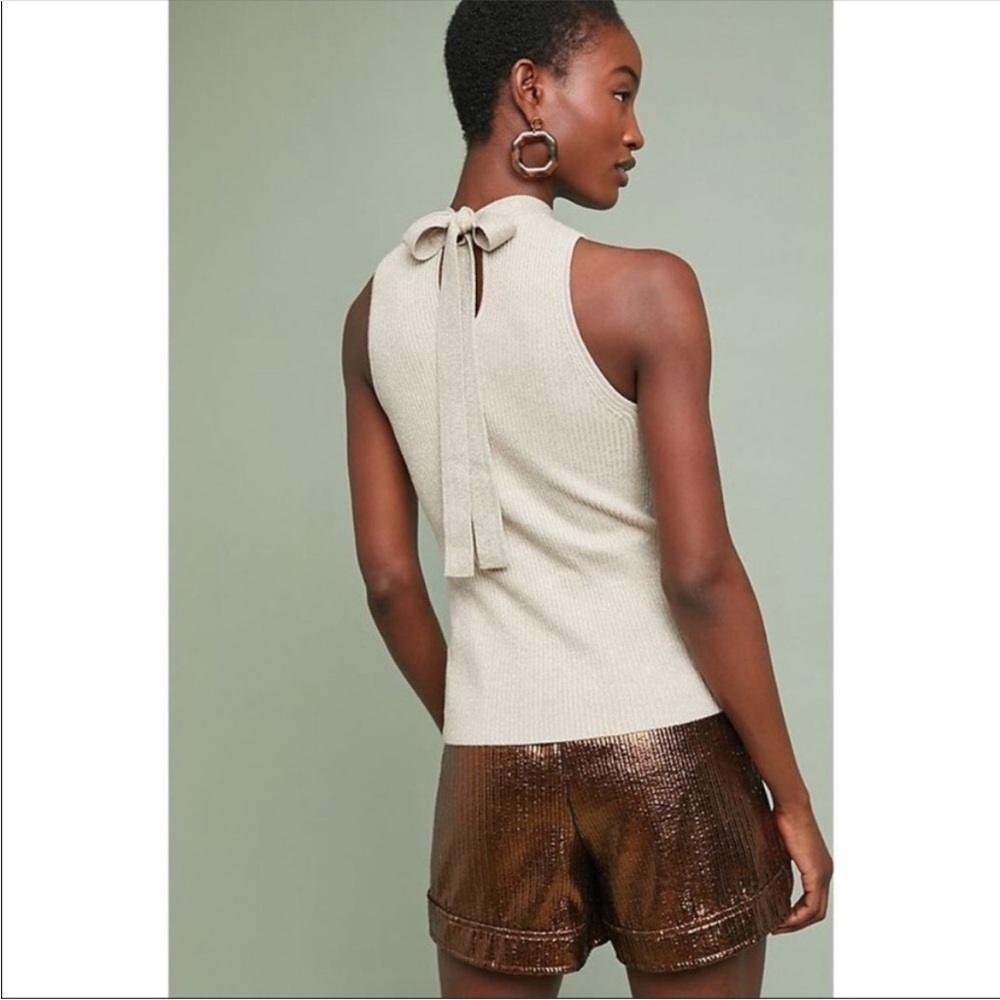 Anthropologie Ett:Twa Mock Neck Metallic Ribbed Tie-Back Sweater Tank size Small